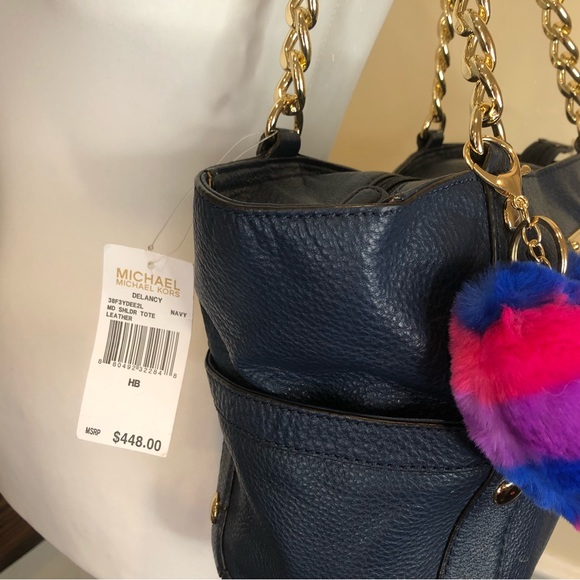 MICHAEL KORS Gold Studded Navy Blue Tumbled Leather Side Pocket Shoulder Bag NWT - Picture 10 of 16